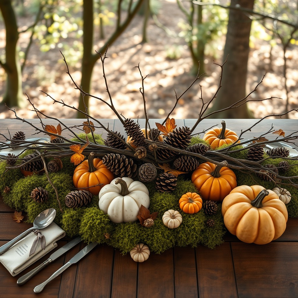 Pinecones, Moss, Pumpkins And Branches Centerpiece