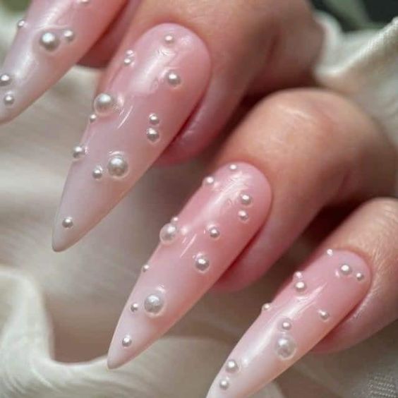 Pink Stiletto Nails With Pearls