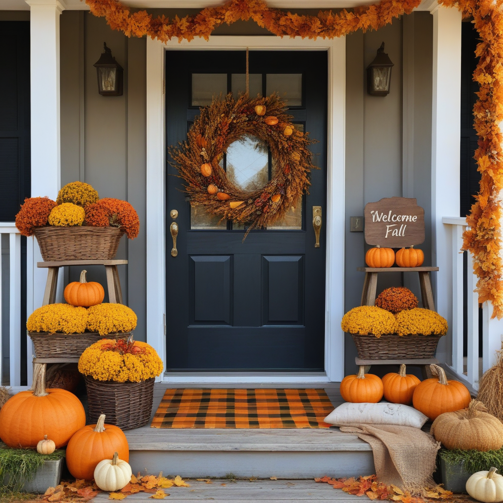 Plaid Rug, Pumkins, Rustic Wooden Sign, Orange and yellow Flowers In Basket And Fall leaf Garland