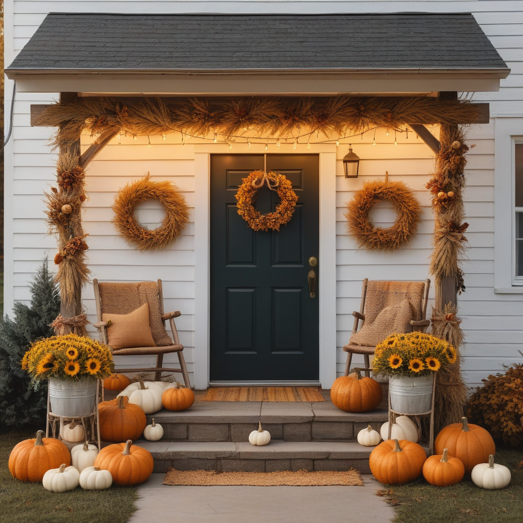 Porch Chairs, Hay Bales And Dried Whears, String Lights And Sunflowers In Buckets