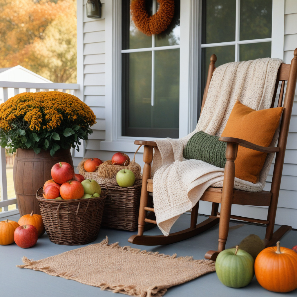 Porch Rocking Chair With Chunky Knit Blanket, Basket of Apples, Pumpkins And Flowers