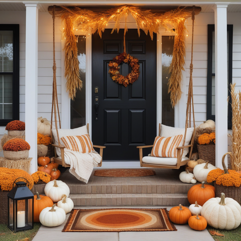 Porch Swings With Planket And Cushions,Different Colored Pumpkins, Corn Stalks And Dried Wheats With String Lights