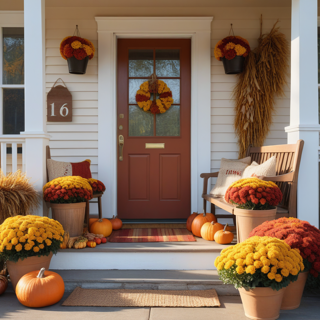 Potted Orange, Yellow and Red Mums, Bench With Cozy Cushions