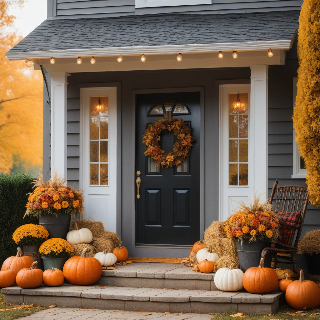 Pumpkin Arrangenent, Fall Wreath, Rocking Chair And Hay Bales