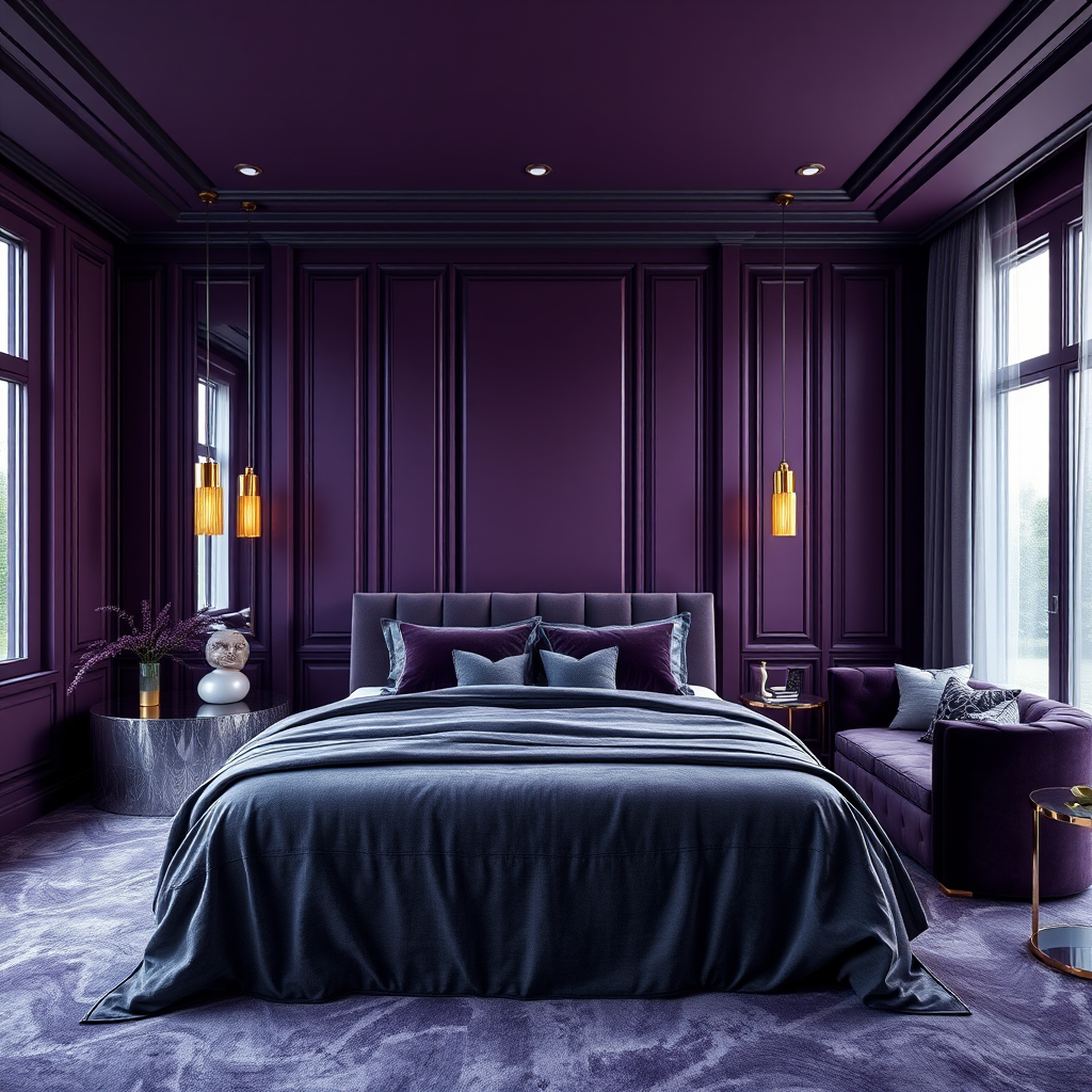 Purple Bedroom With Deep Plum Paneled Walls, Gray Velvet Bedding Adn Silver Accents