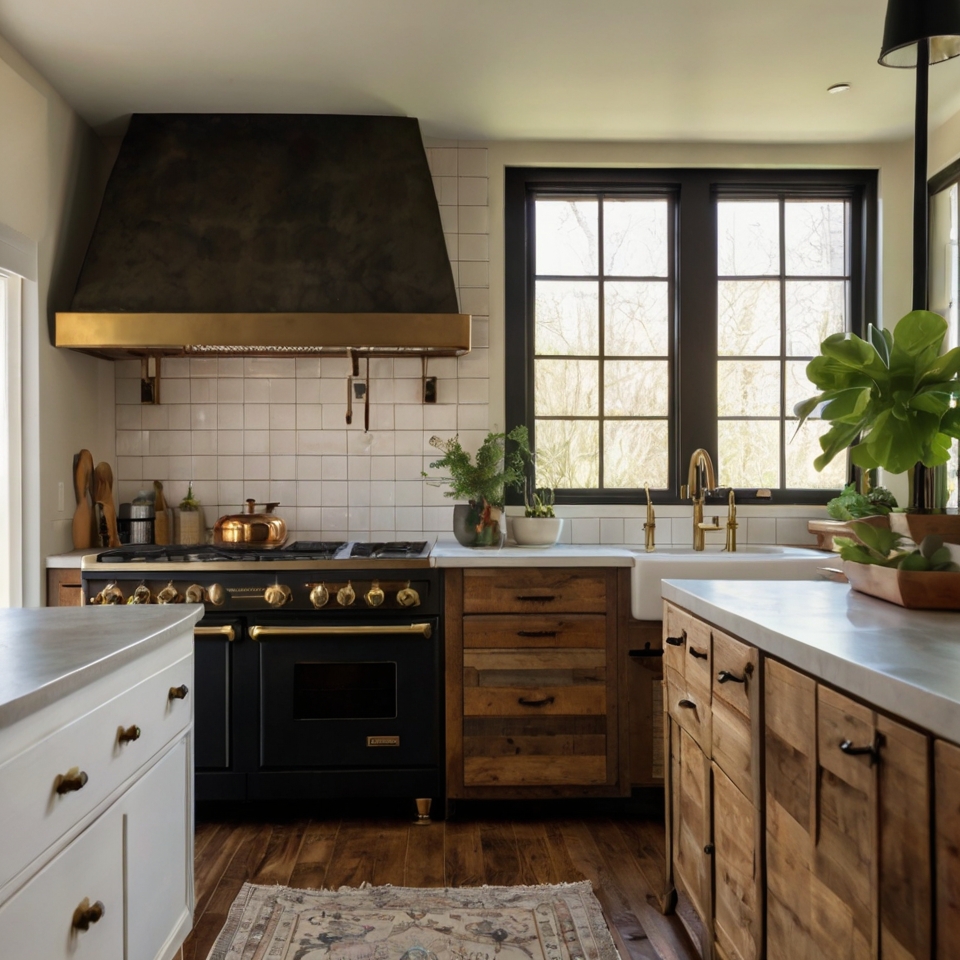 Reclaimed Wood Cabinets, Quartz Countertops, Vintage-style Oven, White Subway Tile Backsplash