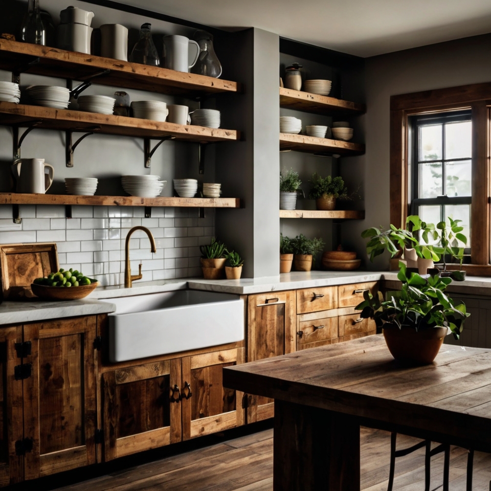 Reclaimed Wood Cabinets, White Quartz Countertops, Farmhouse Sink, Open Shelving