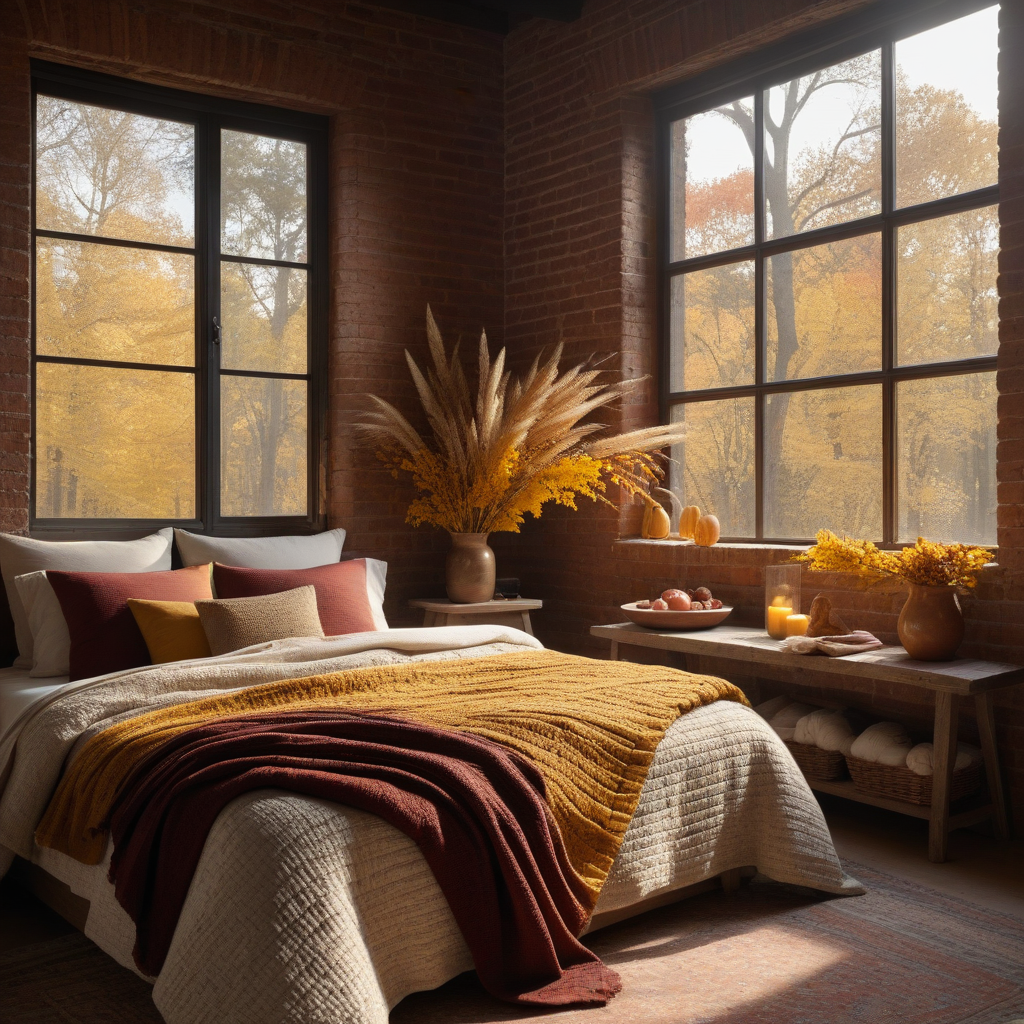 Reclaimed Wood Furniture, Quilted Red And Brown Bedding, Dried Wheat Bundles In Vase