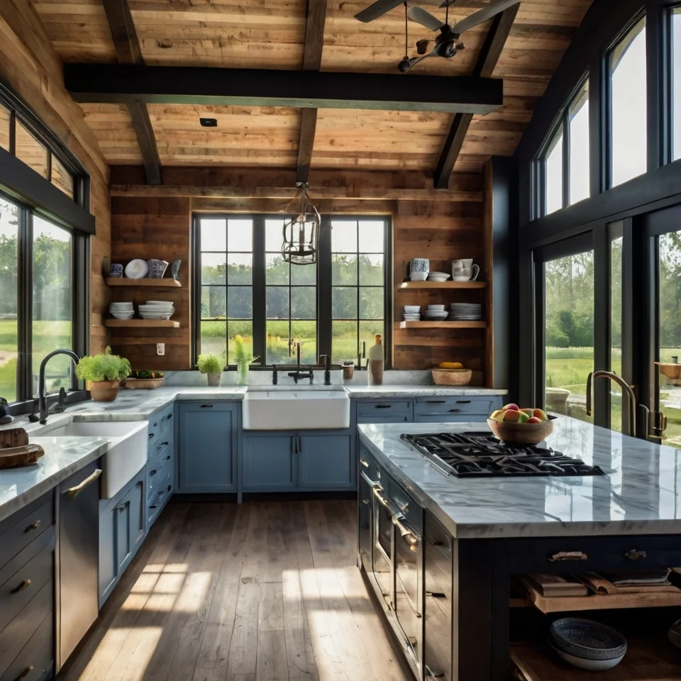 Reclaimed Wood Walls, Large Island with Marble Countertop, Wooden Beams, Baby blue cabiets