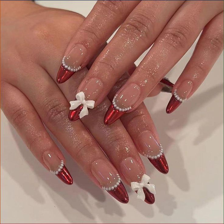 Red Tip Nails With Pearls And Bows