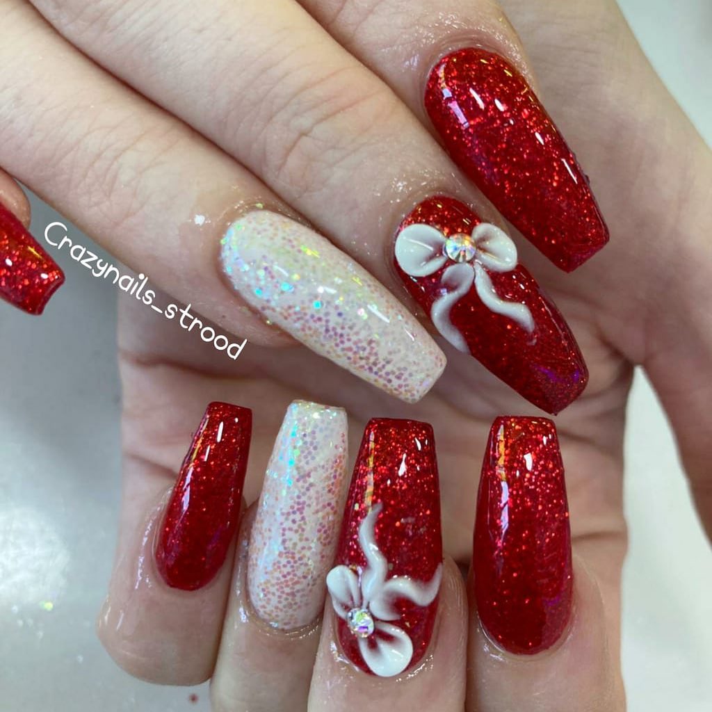 Red and White Glitter Nails With Bow Design