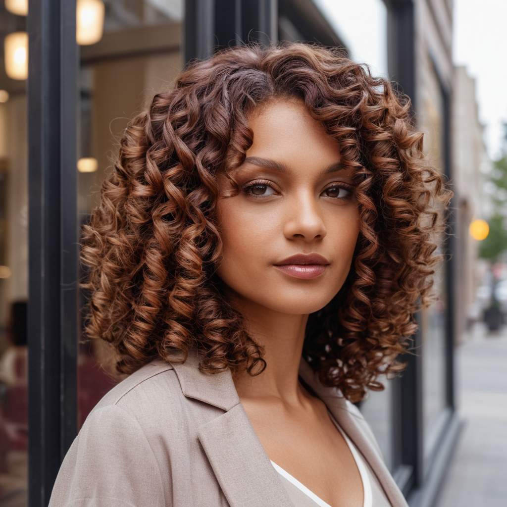 Rich Caramel Curls With Soft Burgundy Highlights