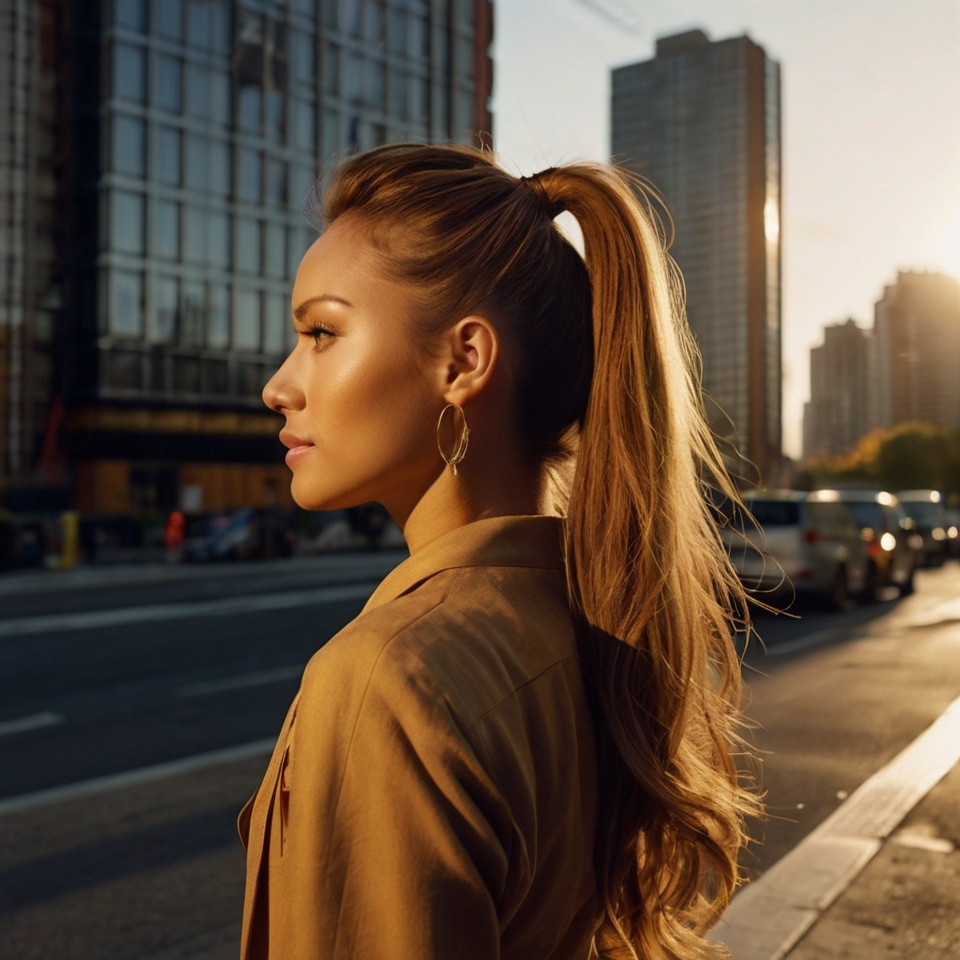 Rich Caramel High Ponytail With Amber Streaks