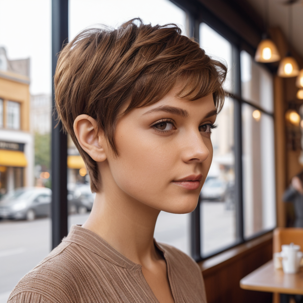 Rich Caramel Pixie With Light Brown Highlights