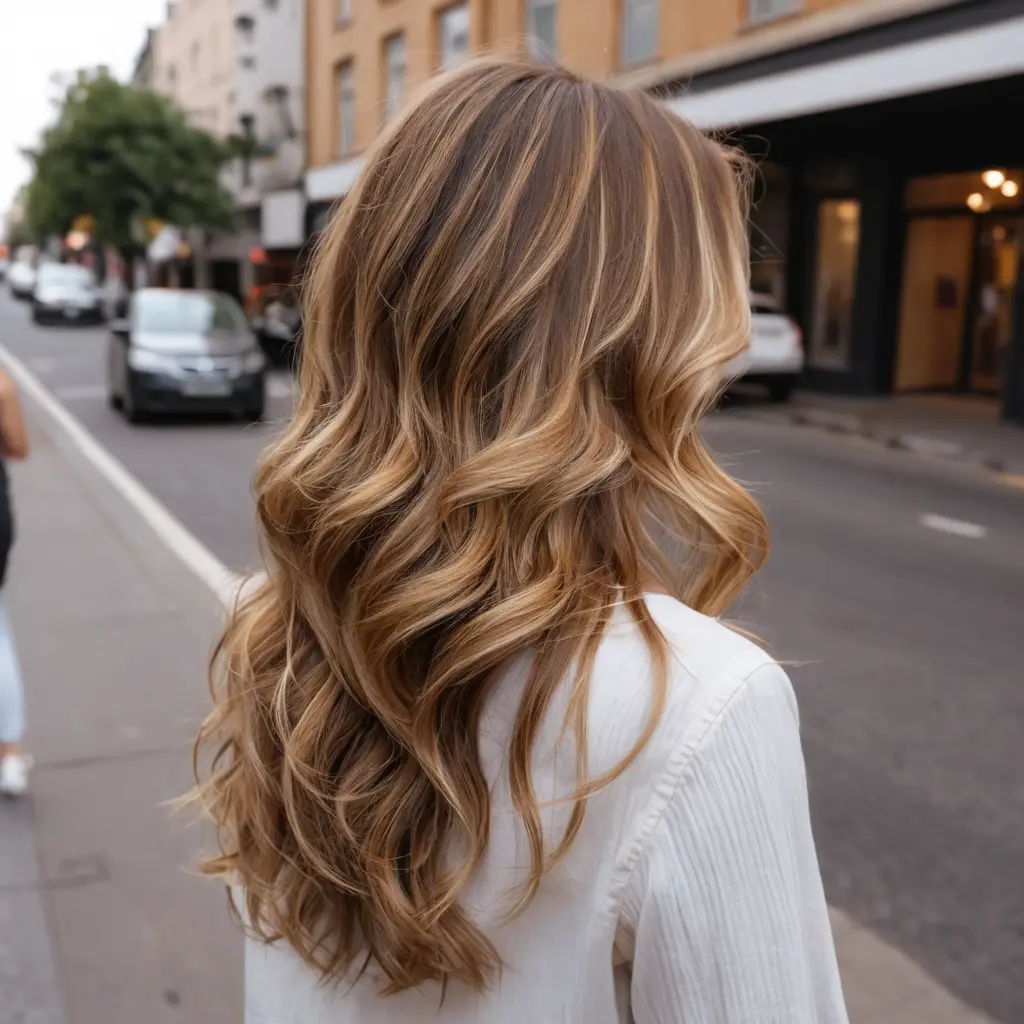 Rich Caramel Waves With Sandy Blonde Highlights