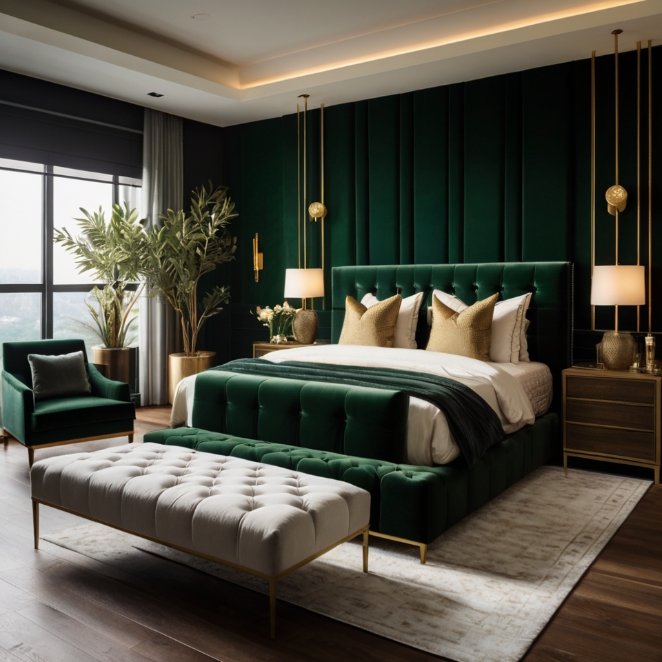 Rich Emerald Green Accent Walll In Bedroom With Tufted Bed