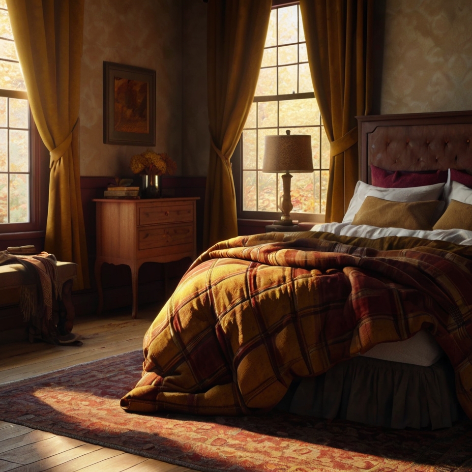 Rich Wooden Furniture, Deep Burgundy Quilt, Mustard Yellow and Burnt Sienna Pillows, Velvet Curtains