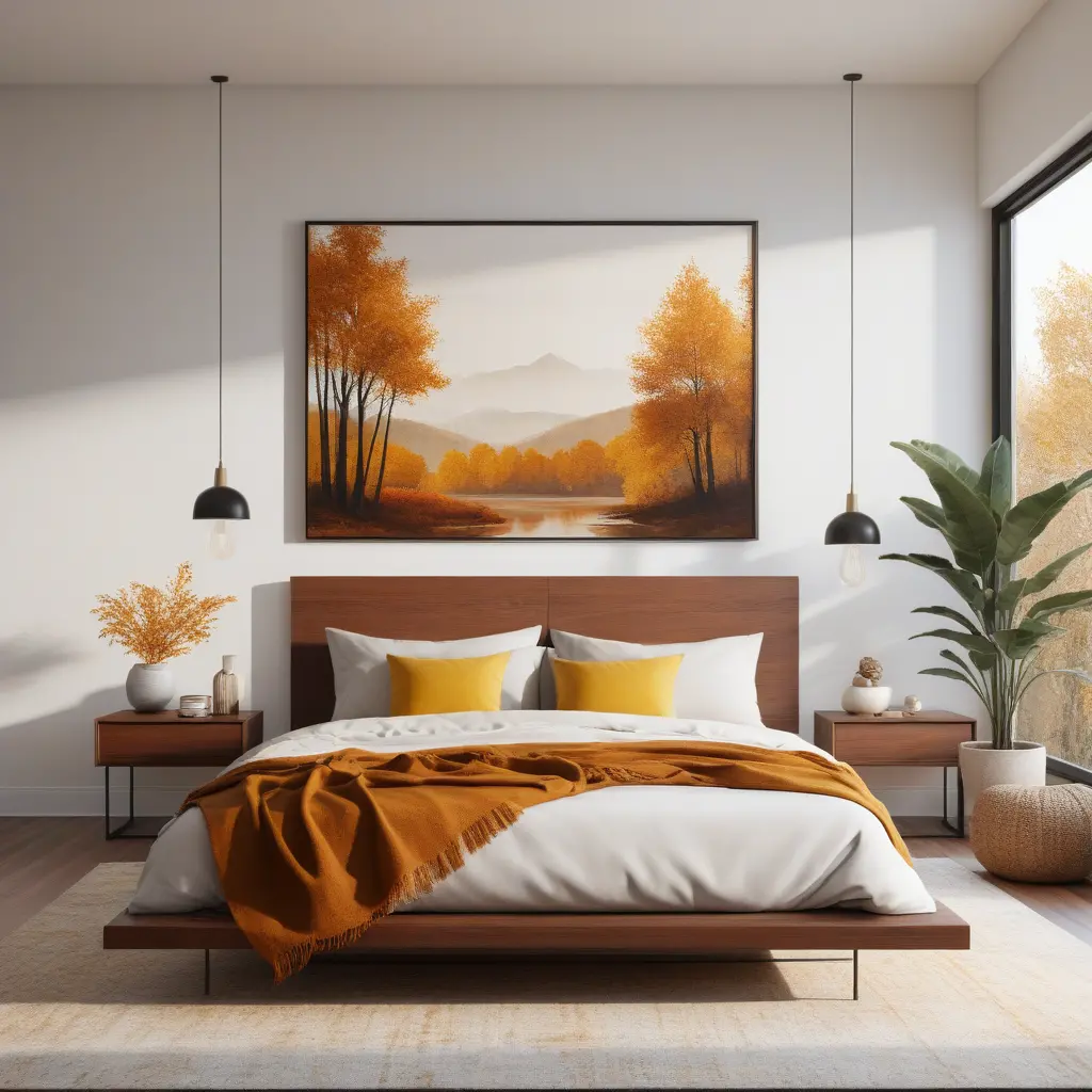 Rust-Colored Throws, Mustard Pillows On Platform Bed And Fall Art