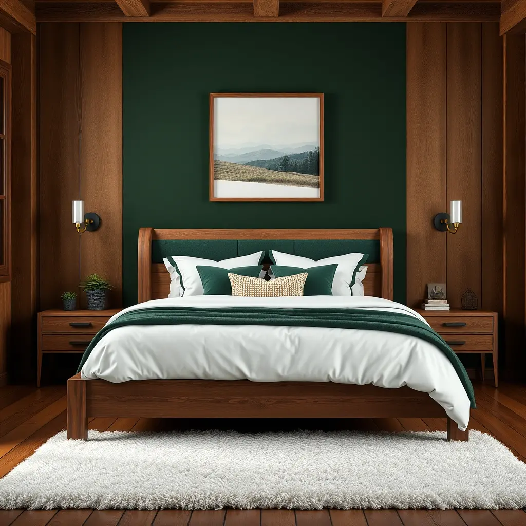 Rustic Bedroom With Deep Forest Green Accent Wall