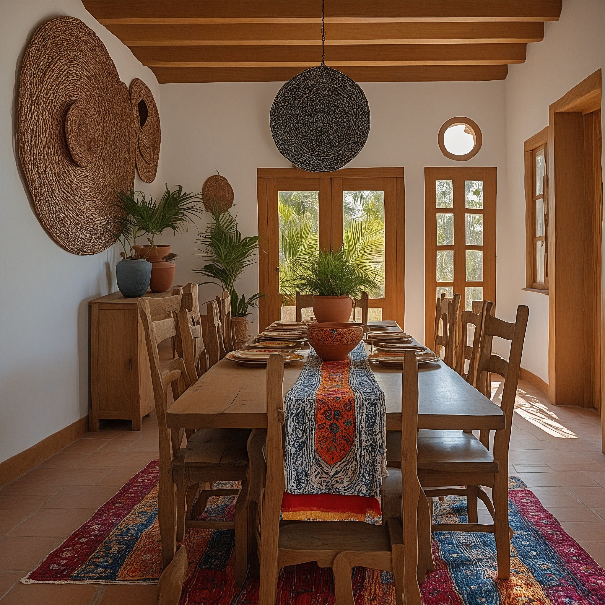 Rustic Dining Room With Wicker Wall Decor And Colorful Table Runner