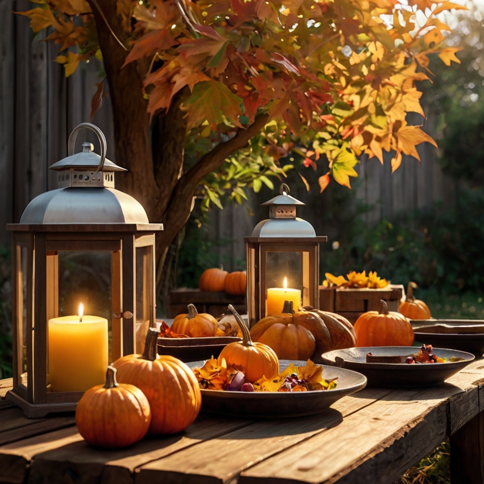 Rustic Lanterns, Pumpkins And Fall Leaves