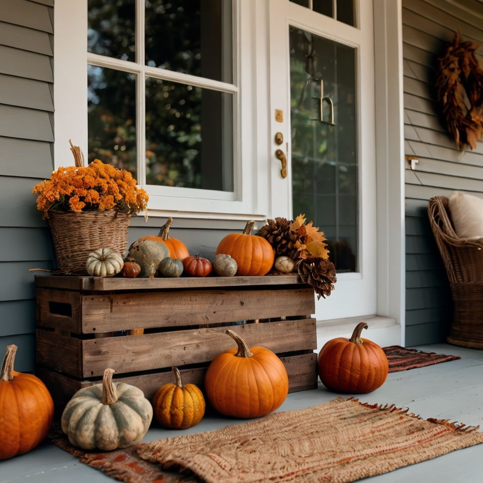 Rustic Porch Crate With Pumpkins and Gourds, Jute Rug and Wreath