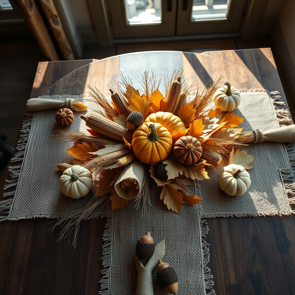 Rustic decor With Burlap, Dried Corn Husks, Pumpkins and Acorns