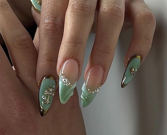 Sage And Gold Nails With Pearls