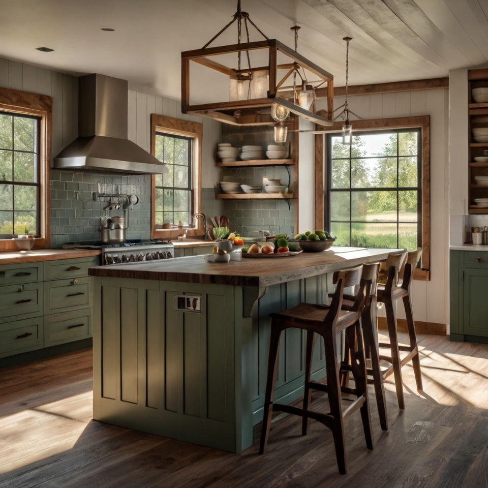 Sage Cabinets, Wooden Island with Quartz Countertop