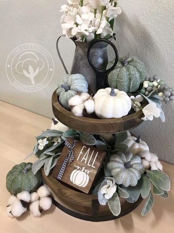 Sage Green And White Felt Pumpkin and Cotton Fall Tiered Tray Display