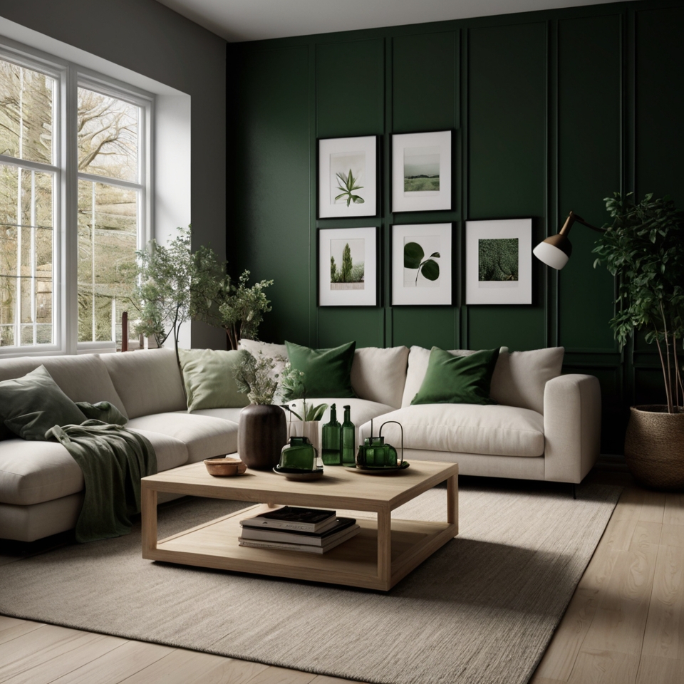 Scandinavinan Style Living Room With Dark Green Accent Wall