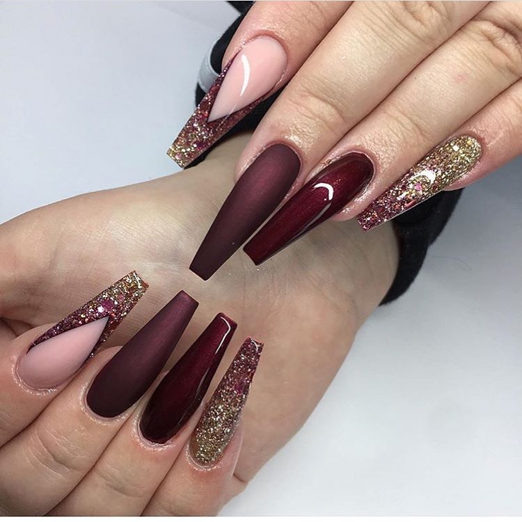 Shiny And Matte Long Coffin Burgundy Nails With Gold Glitter