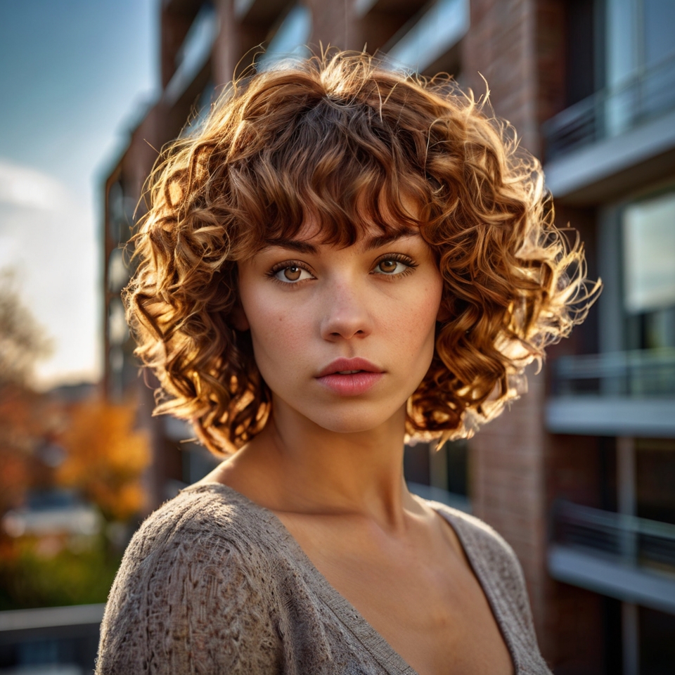 Short Honey Brown Curls With Bangs