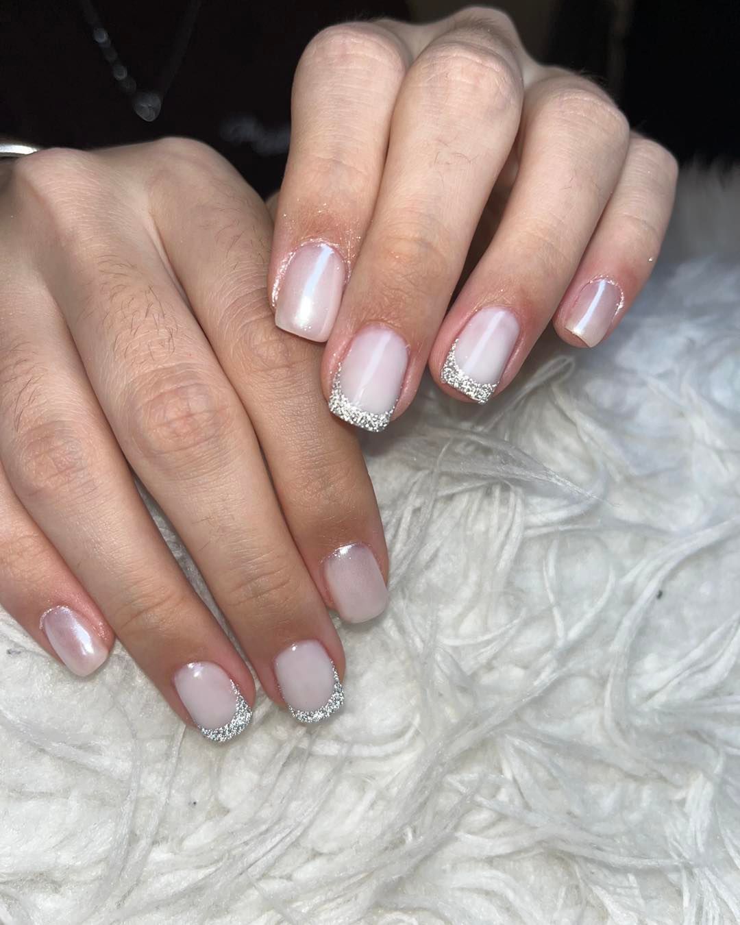 Short Square White Chrome With Gllitter French Mani