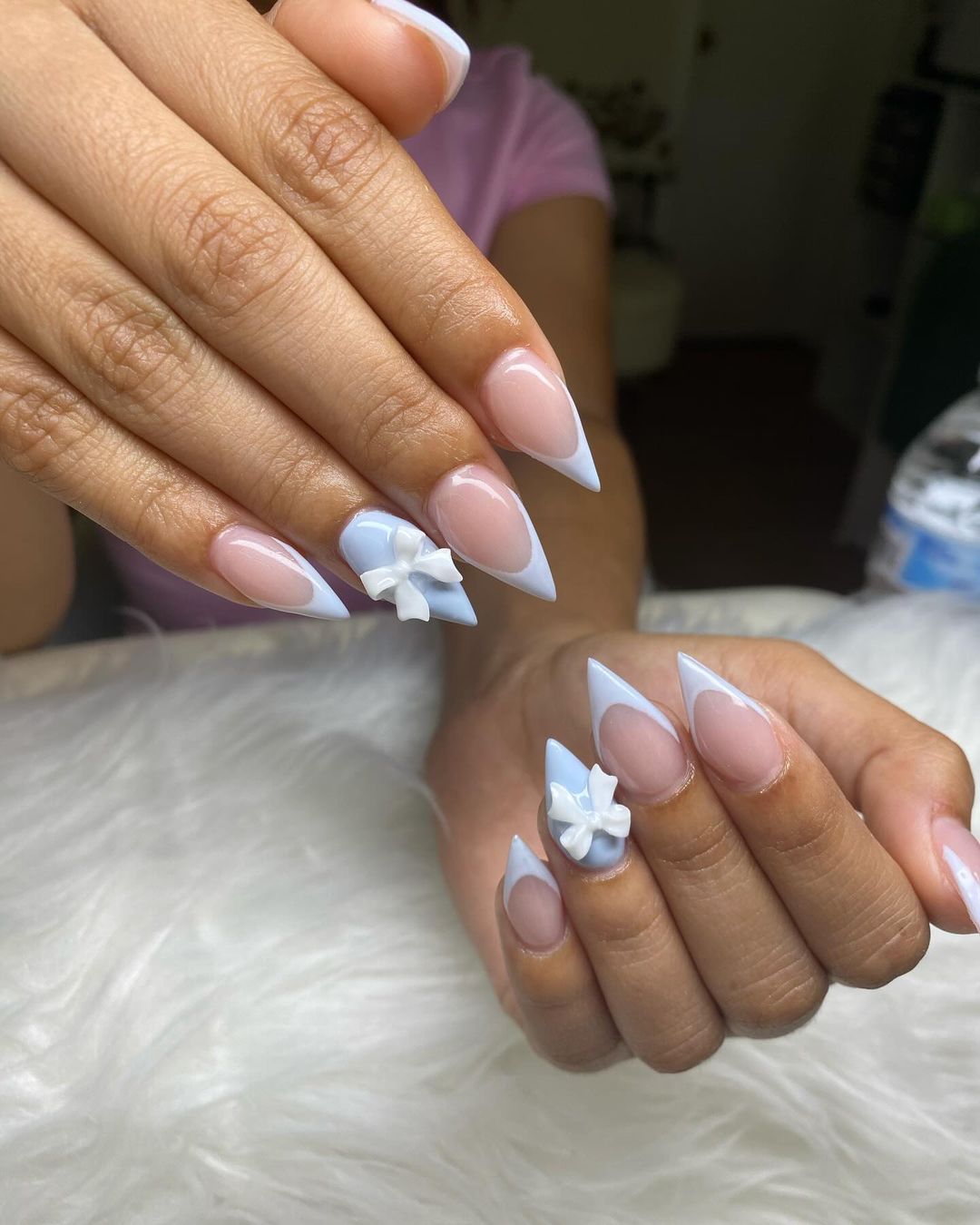 Short Stiletto Baby Blue Nails With 3D Bow