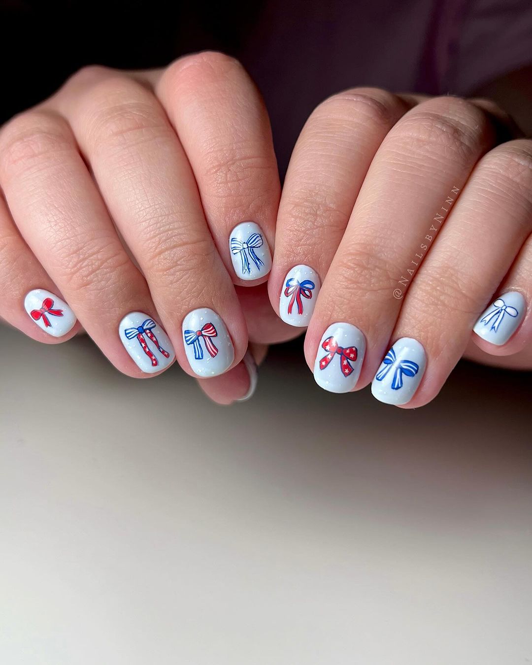 Short White Nails With Patriotic Bows