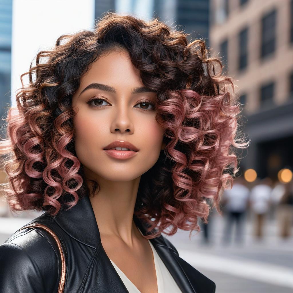 Shoulder-lenght Curly Hair With Rose Gold Balayage On Black Base