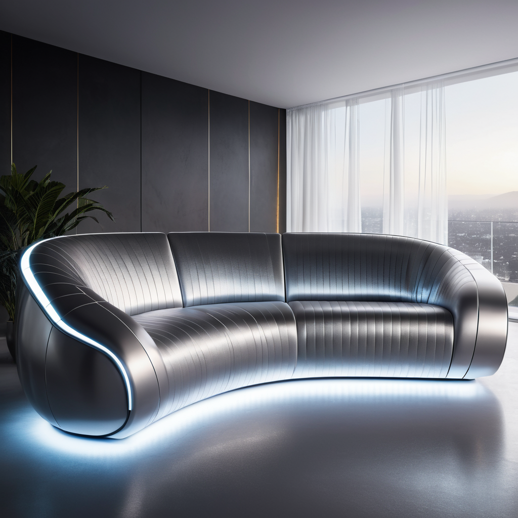 Silver Fabric Curved Sofa With LED Lighting Along The Base