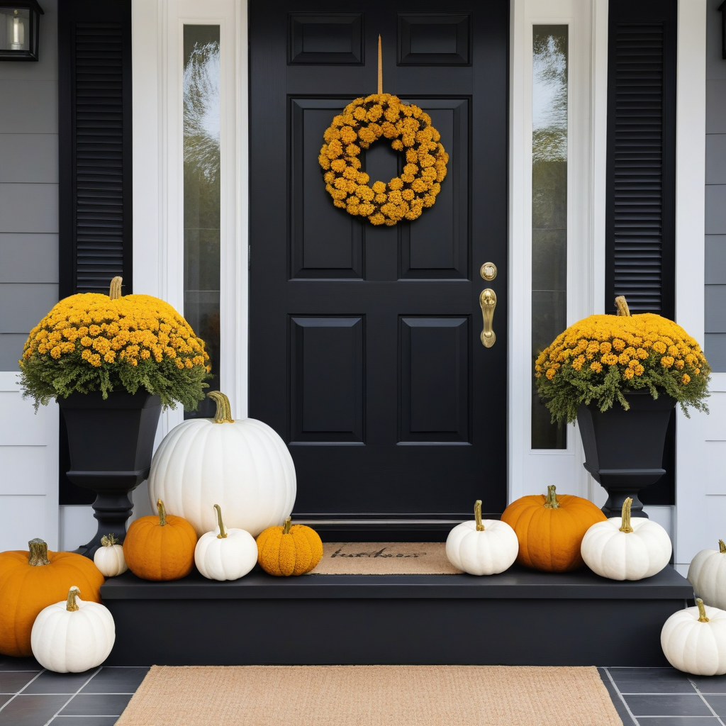 Sleek Black Plantersn With Chrysanthemums And Marigolds, Pumpkins And Wreats