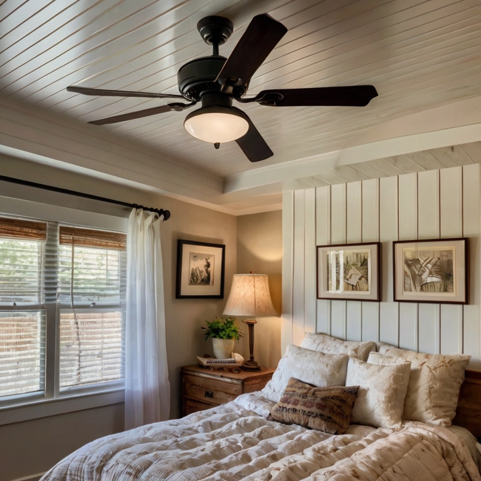 Small Bedroom With Beadboard Ceiling And Central Ceiling Fan