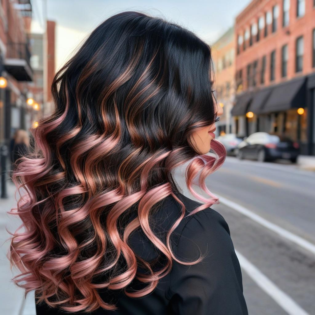 Soft Black Waves With Rose Gold Balayage