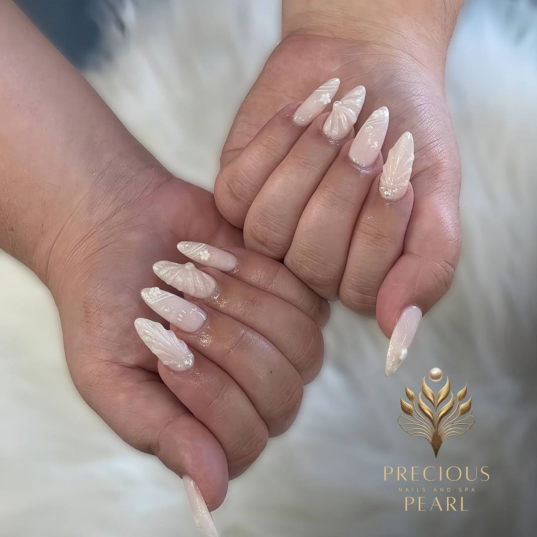 Soft Pink Almond Acylic Nails With Pearls