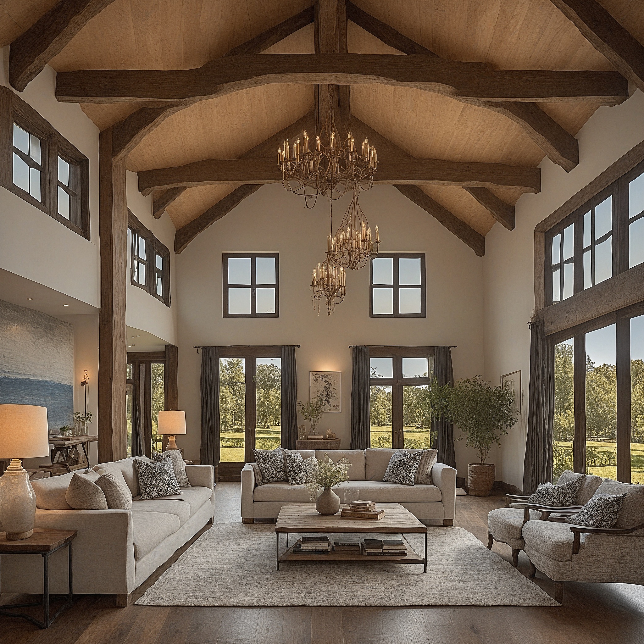 Spacious Living room With Vaulted Ceiling and Exposed Wooden Beams