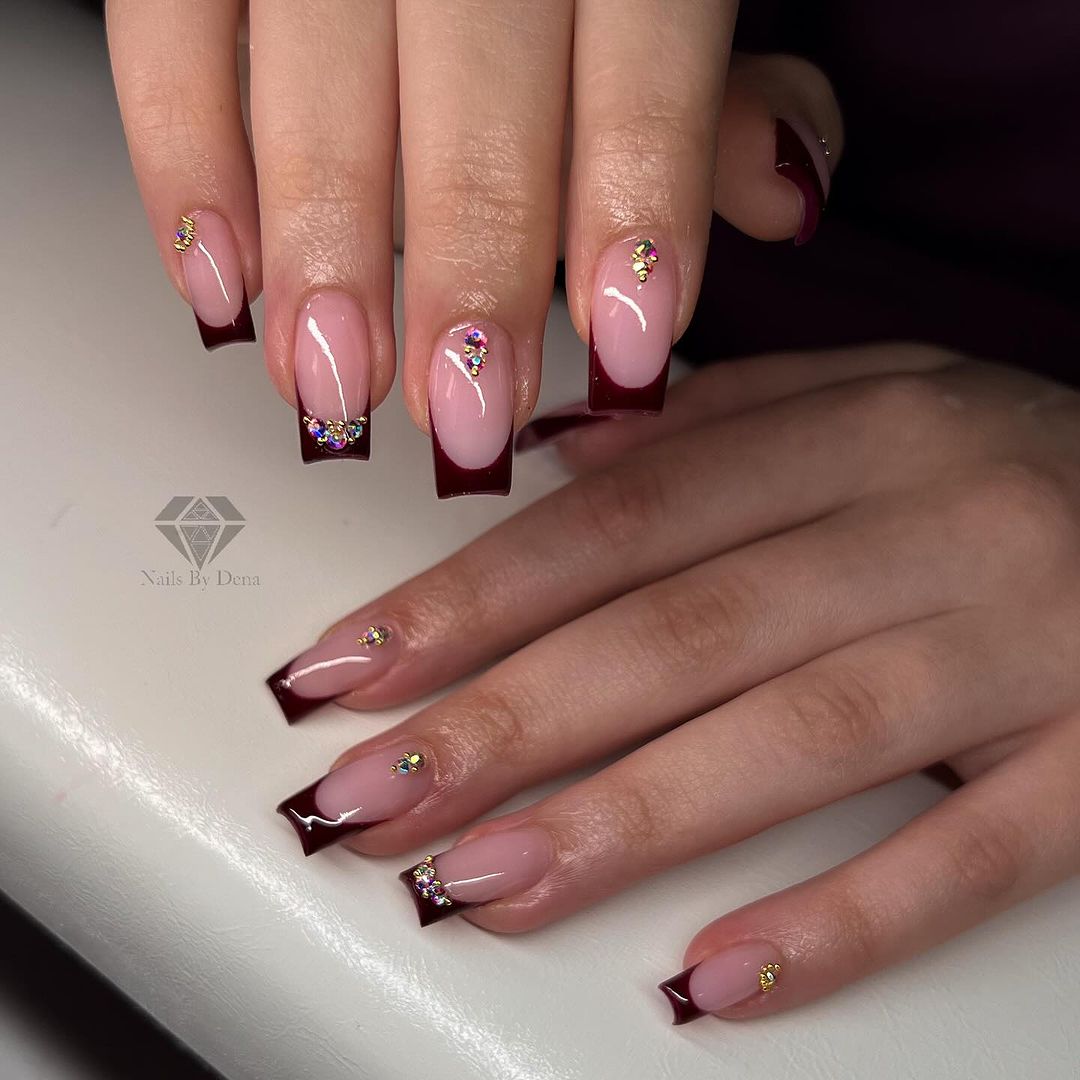 Square Burgundy French Mani With Rhinestones