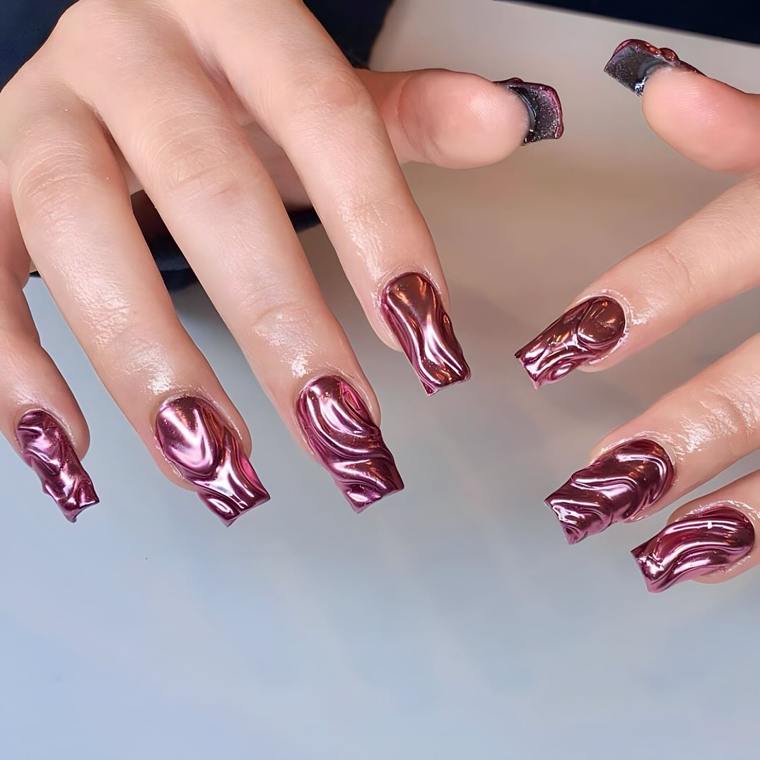 Square Chrome Burgundy Nails With Acrylic Lines