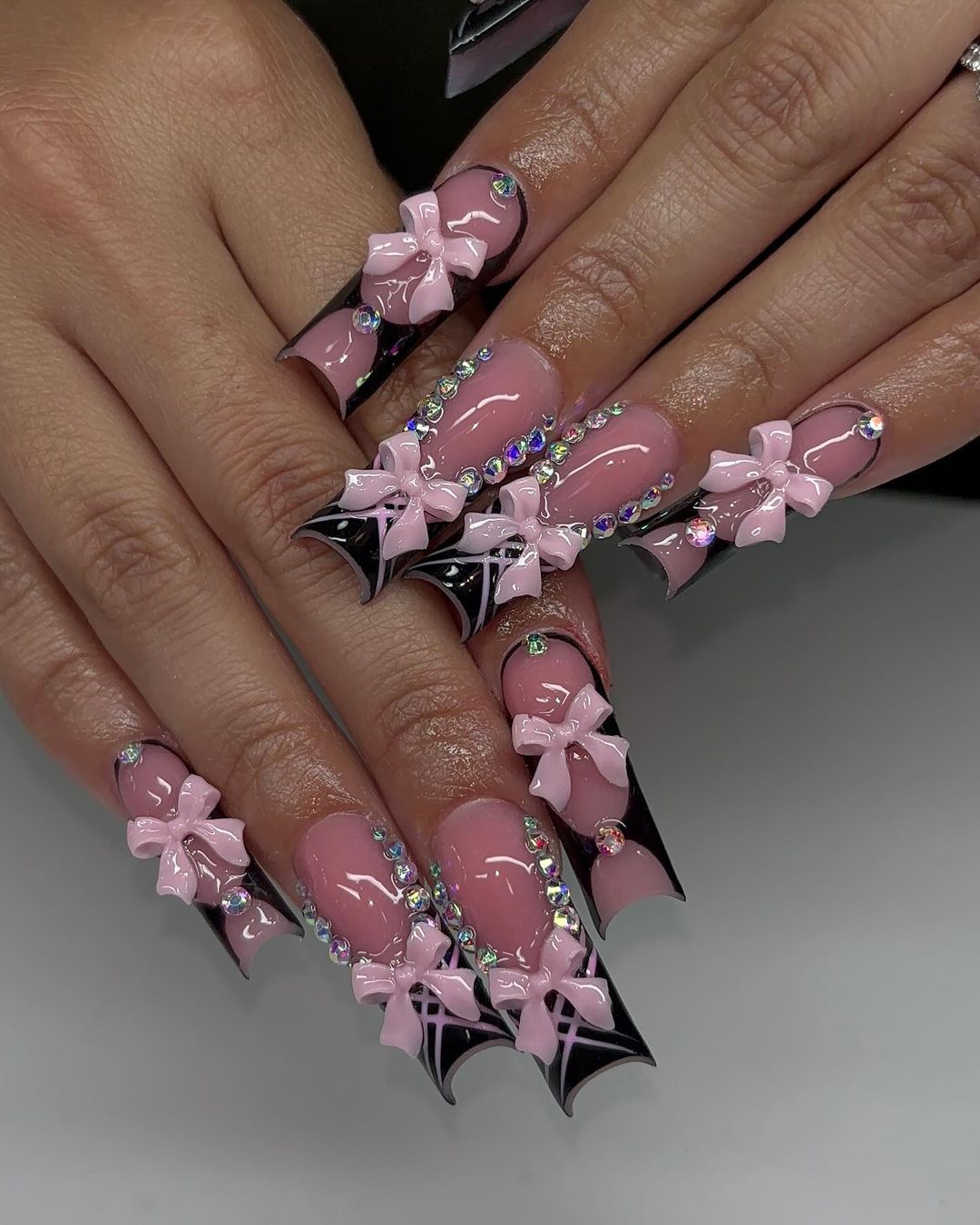 Square Nails With Black French Mani, 3D Pink Bow And Rhinestones