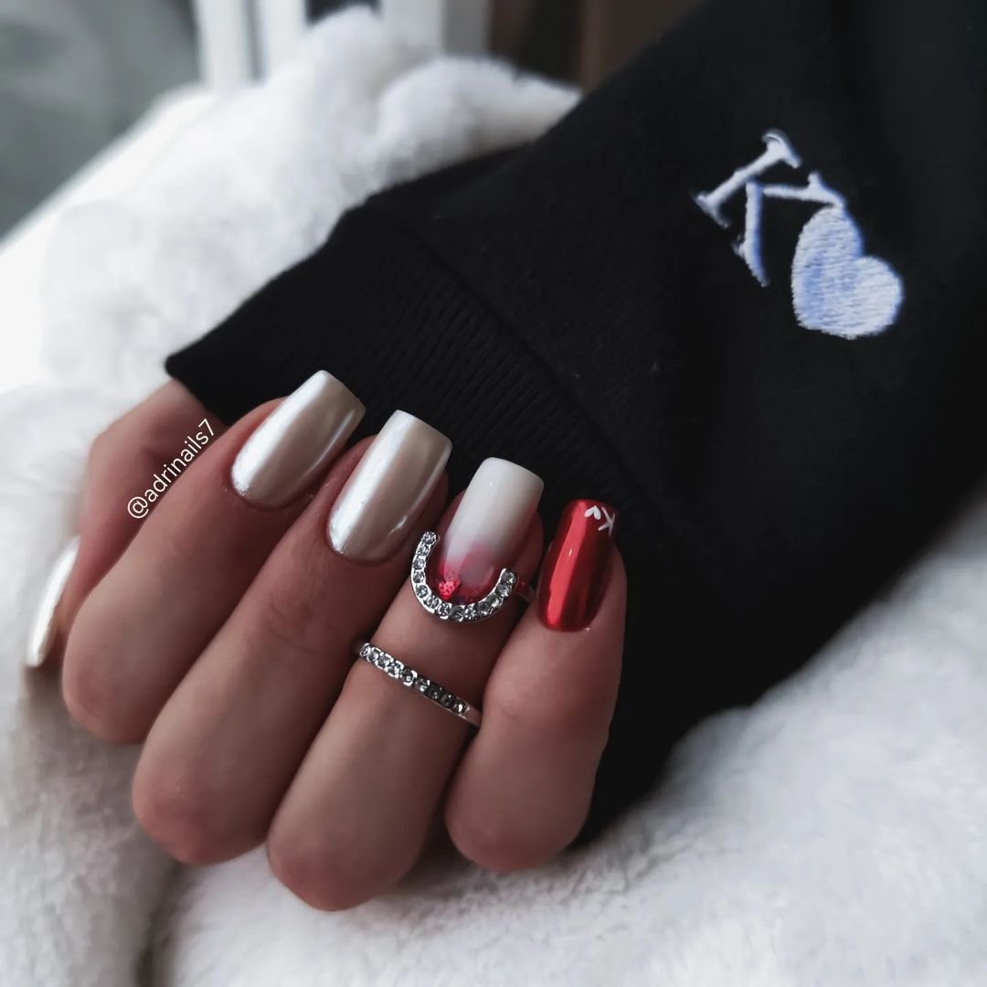 Square White Chrome Nails With Red Accent And Ombre