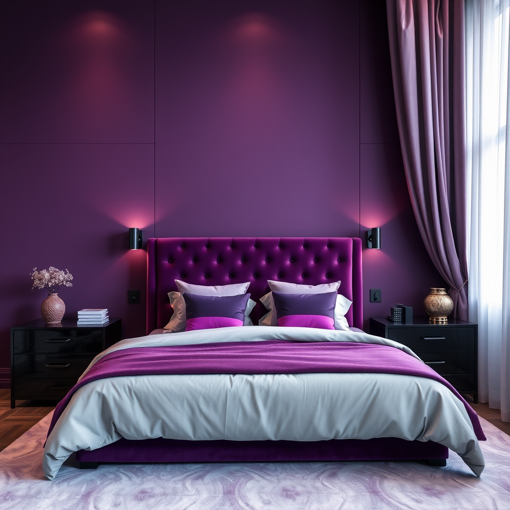 Stylish Bedroom With Dark Plum Walls, Velvet Deep Purple Headboard, Gray And Lavender Bedding