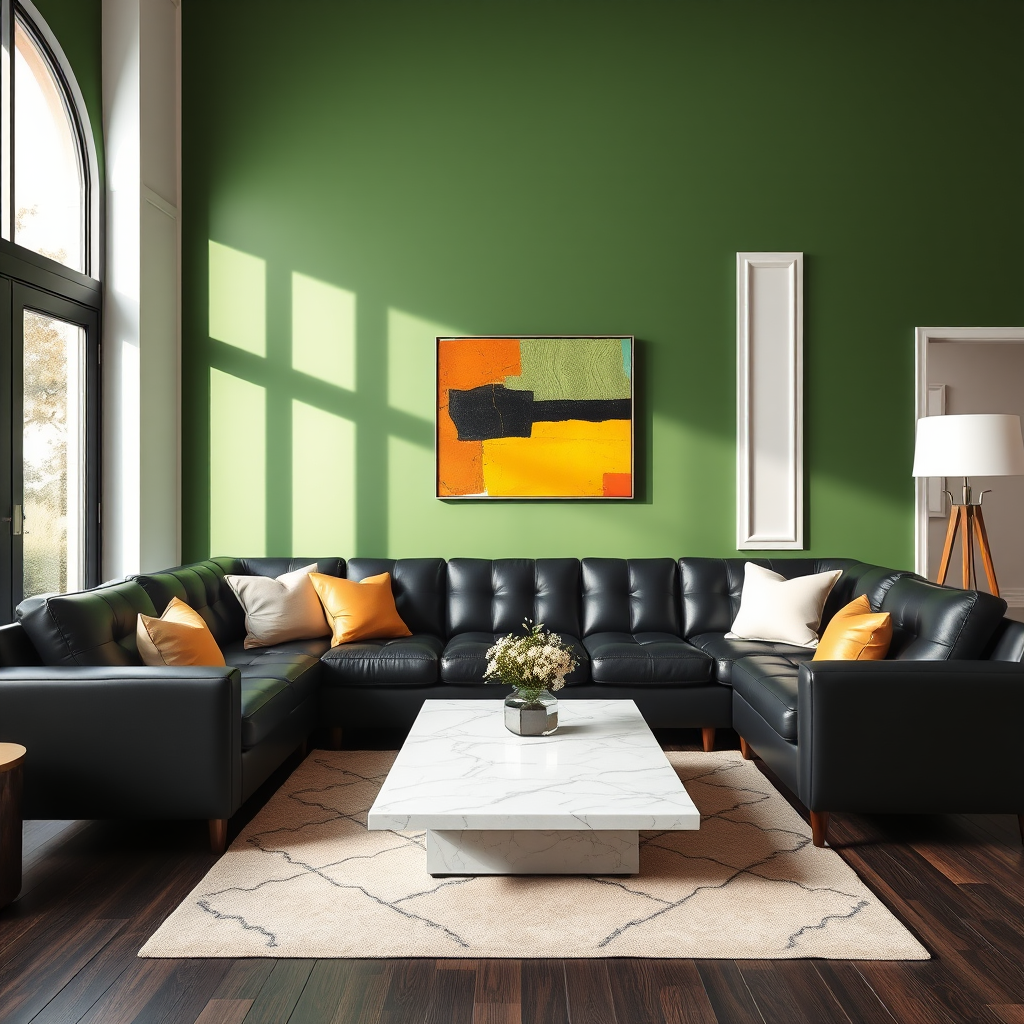 Stylish Living Room With Deepp Green Accent Wall Abd Black Leather Furniture