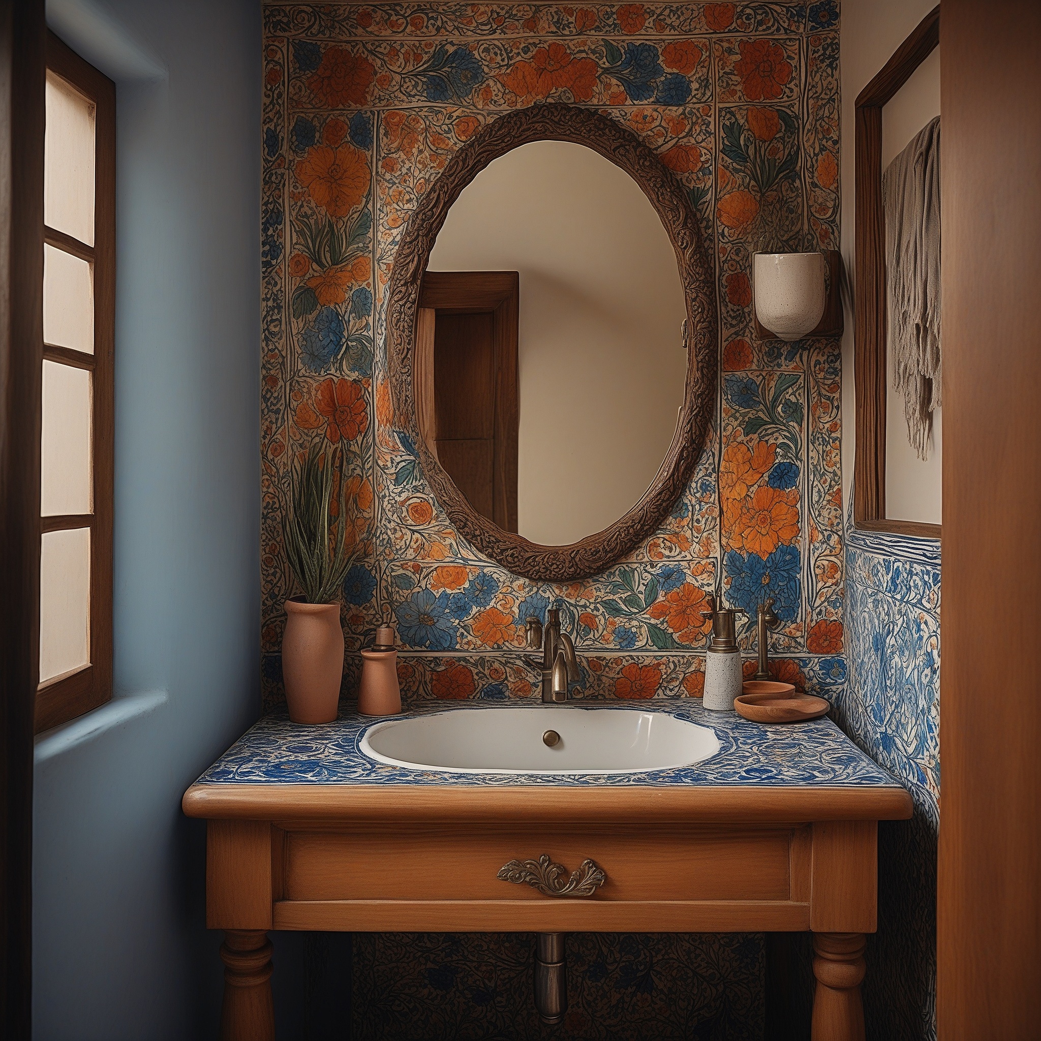 Talaverna Bathroom Sink, Colorful Wall Tiles And Wooden Mirror Frame